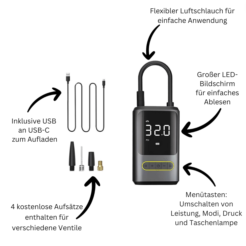 AirCharge Pro™ | Der ultimative tragbare 4-in-1-Reifenfüller🚗